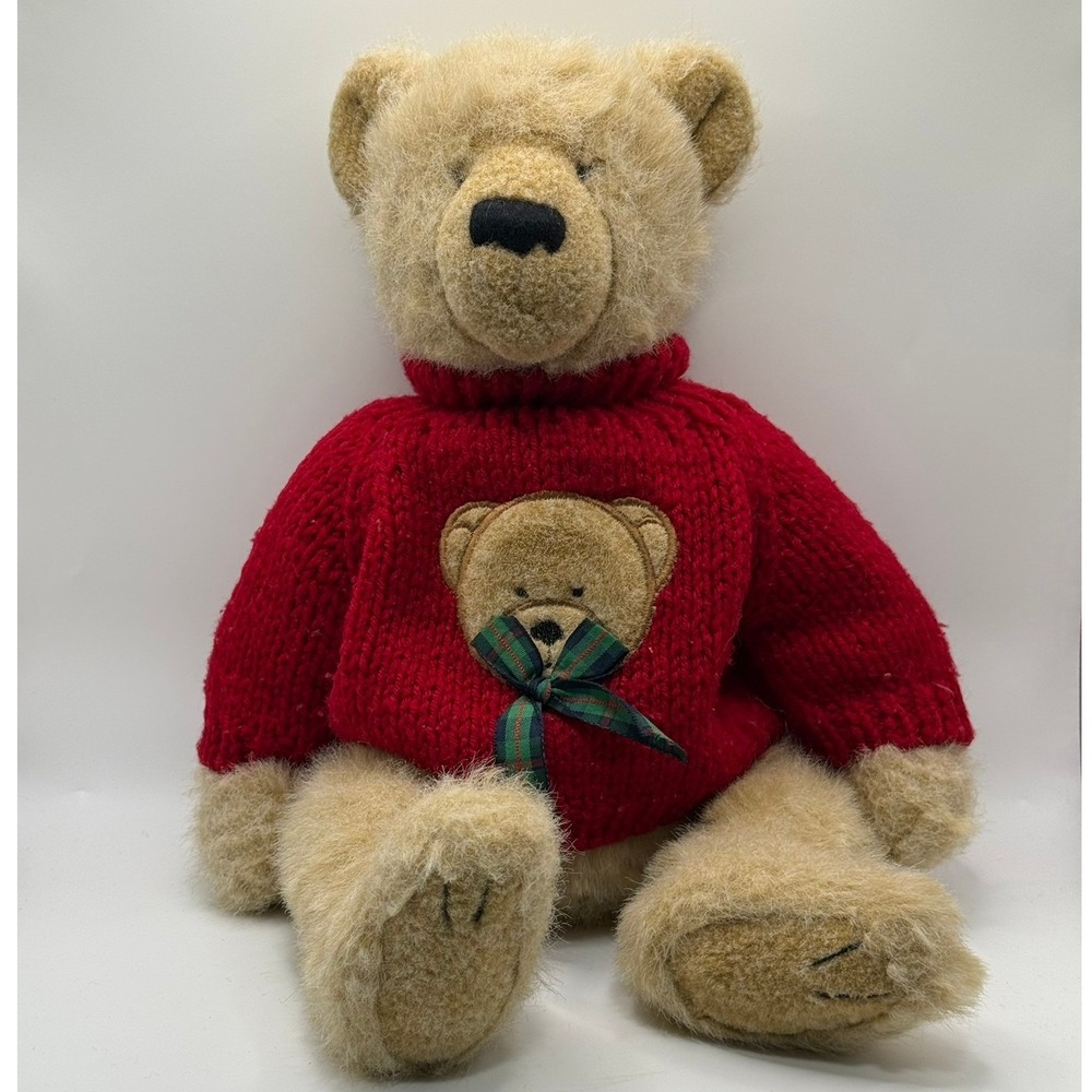 Ganz The Heritage Collection Teddy Bear Red Knit Sweater Plaid Bow Plush 16in